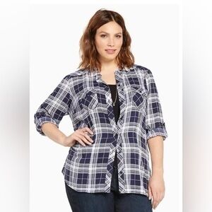 Torrid Challis Button Down Long Sleeve Camp Shirt Blue Plaid Plus Size 2X